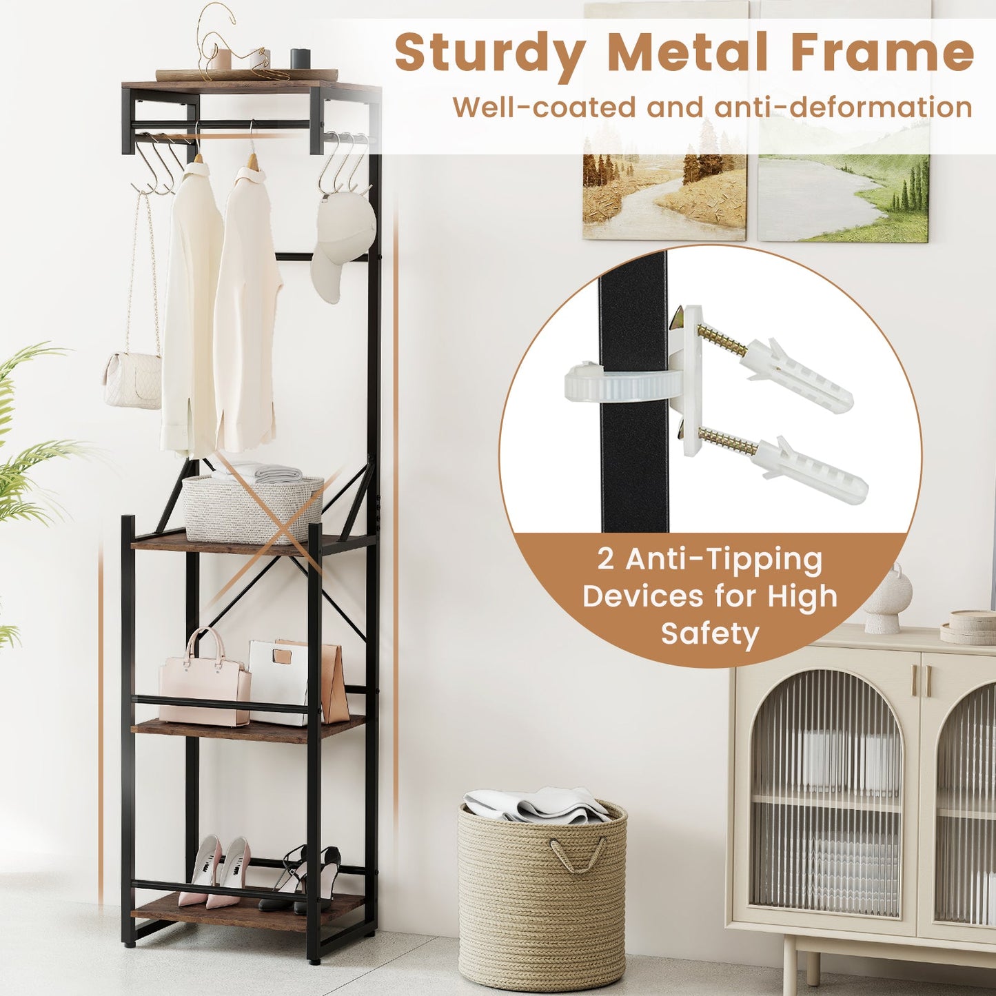 Coat rack with 4 shelves and hooks, rustic brown finish on black metal frame DirectDeals on Tampa Home & Garden Store