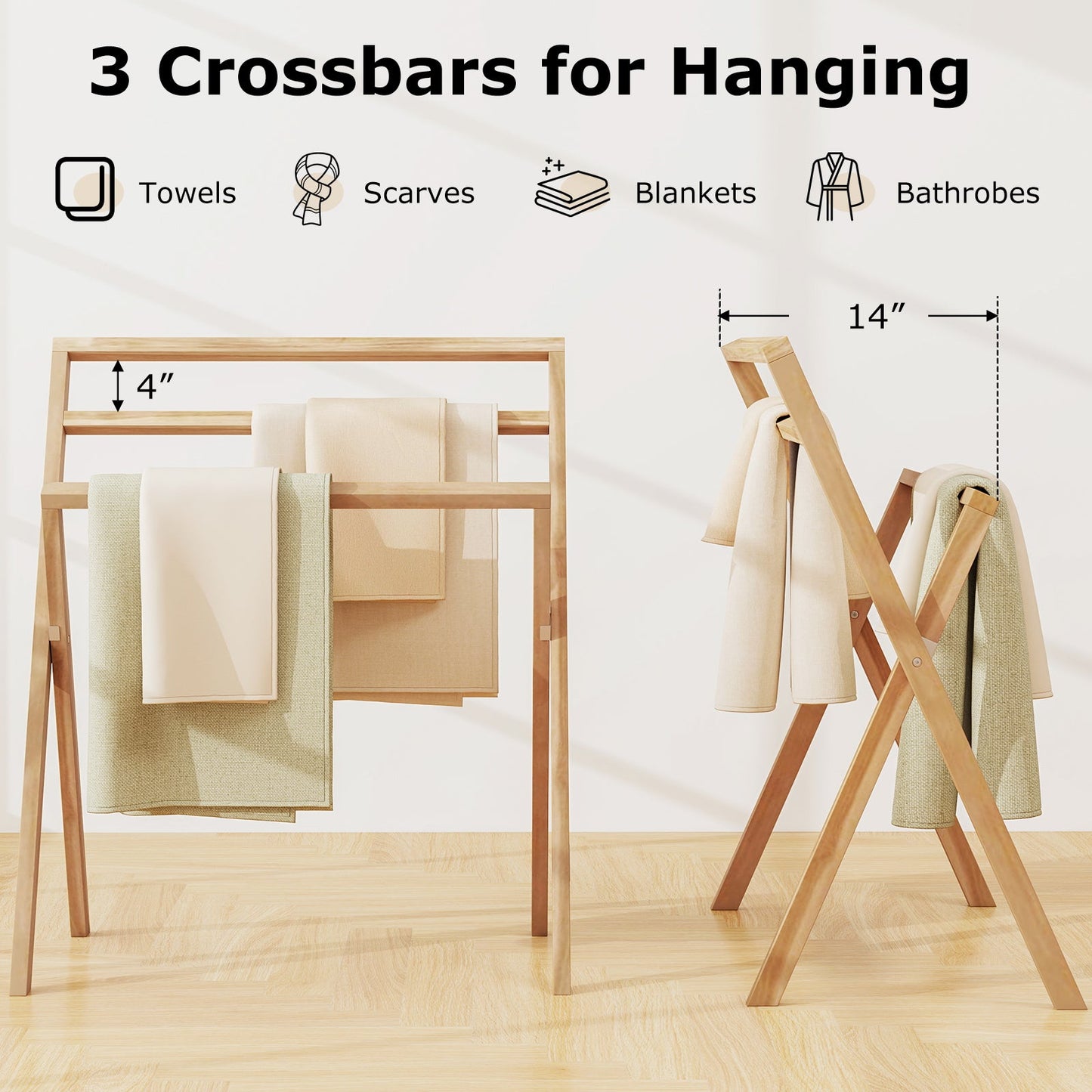 Freestanding foldable teak towel rack with 3 hanging crossbars in natural wood finish on Tampa Home & Garden Store