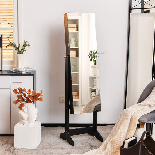 Freestanding jewelry cabinet with Full HD mirror on a black stand and white shelves on Tampa Home & Garden Store