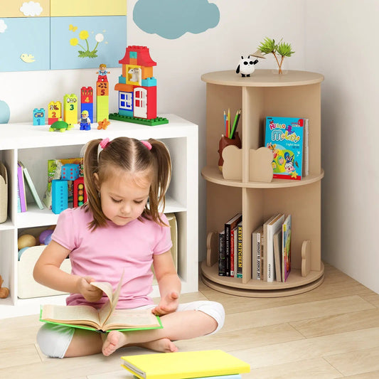 2 Tier Freestanding Kids Rotating Bookshelf beige round wooden finish with shelves and books on Tampa Home & Garden Store