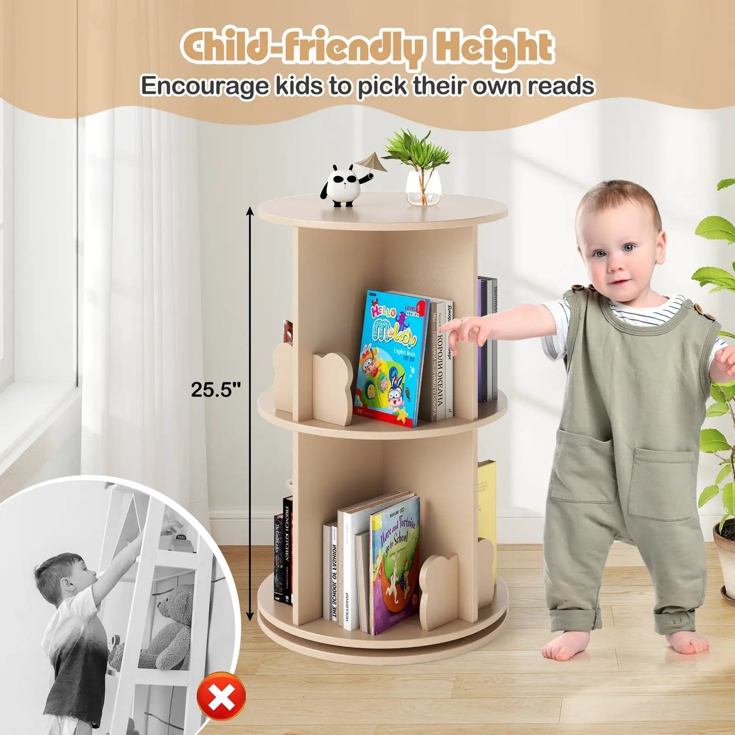 2 Tier Freestanding Kids Rotating Bookshelf Storage Rack with Bear Baffles-Natural - Tampa Home & Garden Store