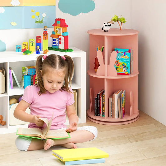2 Tier Freestanding Kids Rotating Bookshelf pink round shelf with bunny ear book organizers on Tampa Home & Garden Store
