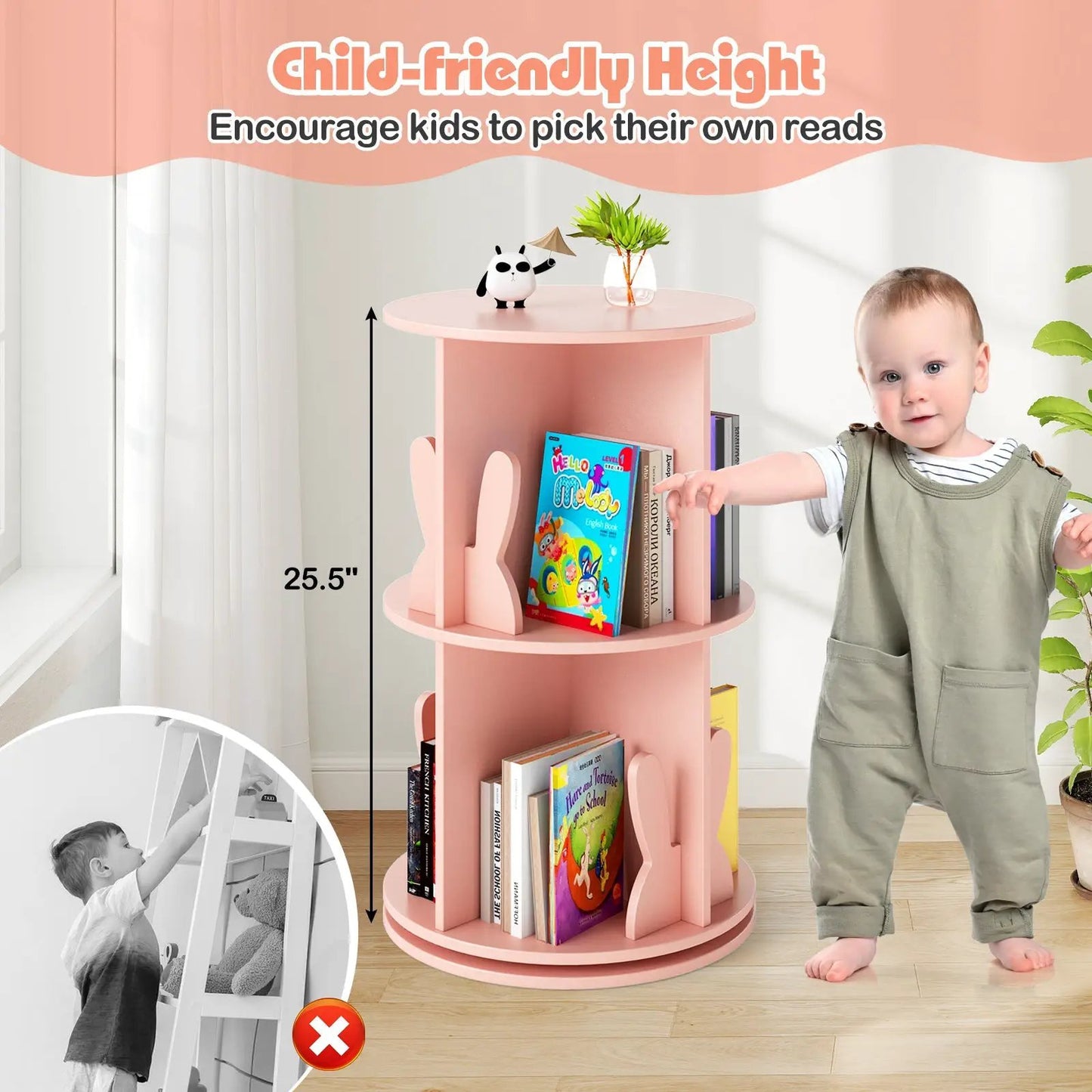 Pink 2-tier kids rotating bookshelf with bunny-side panels by DirectDeals on Tampa Home & Garden Store