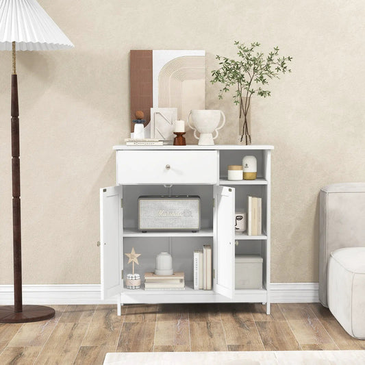 White floor cabinet with top drawer and open shelves, with candles, books and vase on Tampa Home & Garden Store