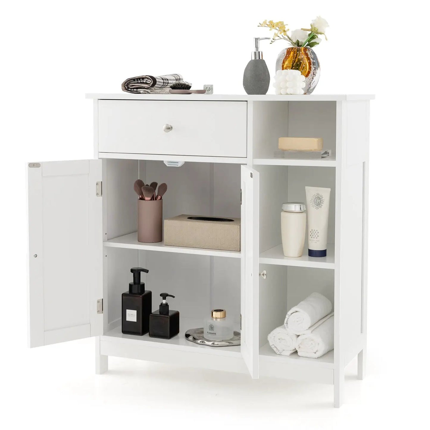 White floor cabinet with drawer and open shelves DirectDeals bathroom storage on Tampa Home & Garden Store