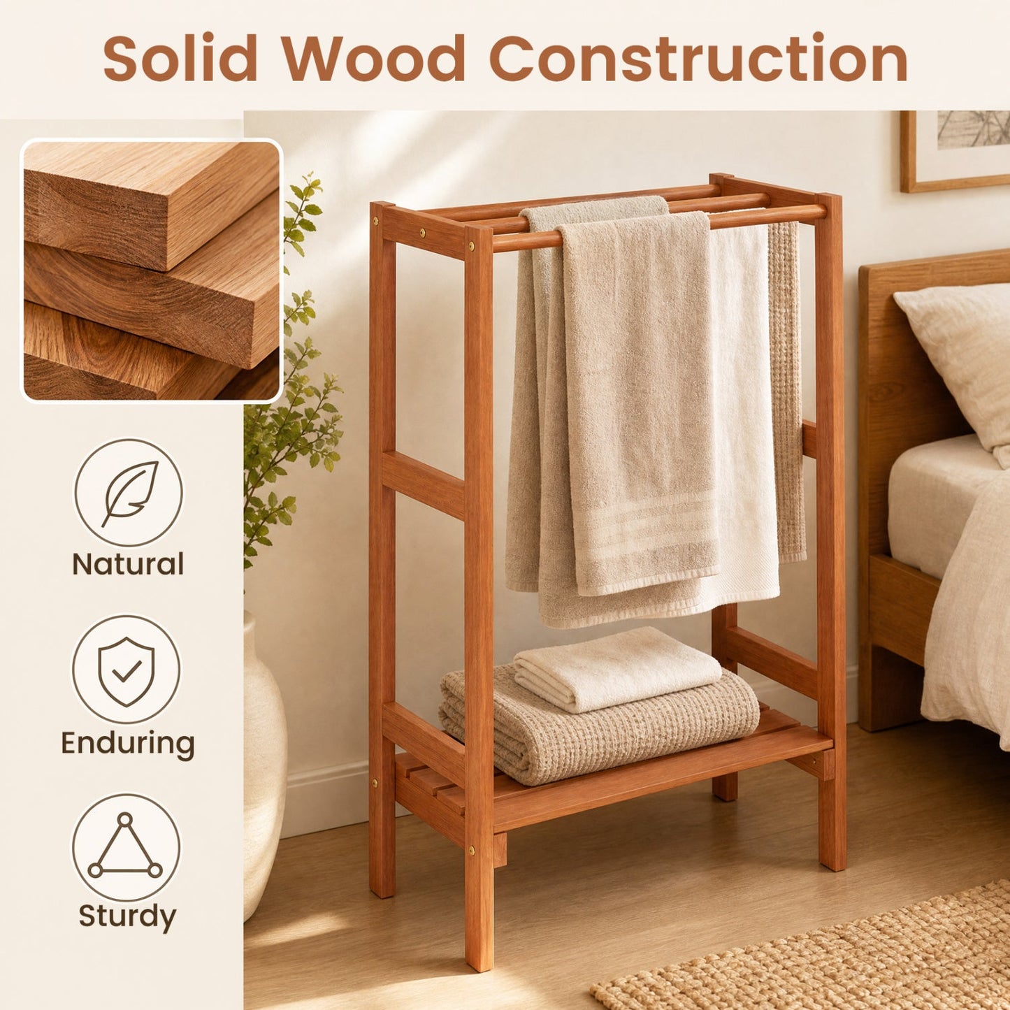 Freestanding wooden towel rack with 3 bars and bottom shelf in natural finish DirectDeals on Tampa Home & Garden Store