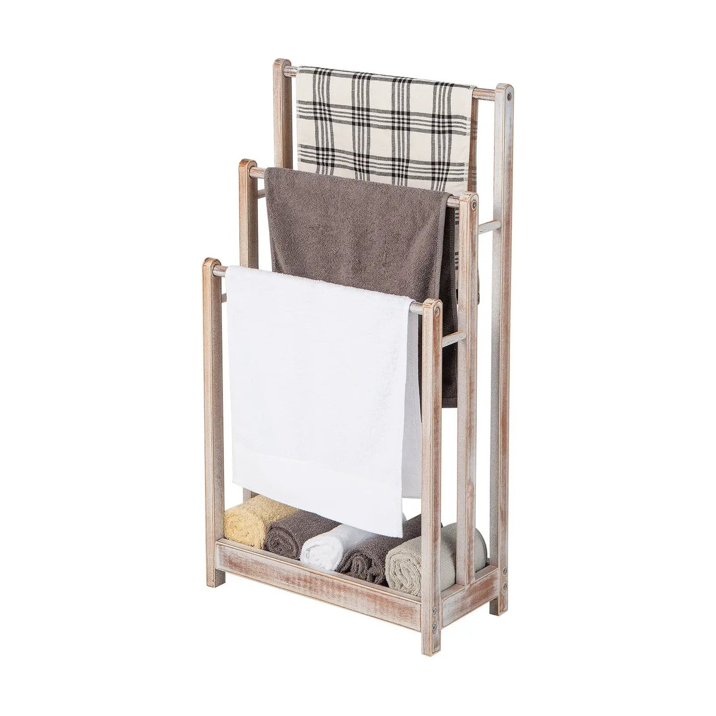 Freestanding Towel Rack 3-Bar Hand Towel Drying Stand with Bottom Storage Shelf-Rustic Brown - Tampa Home & Garden Store