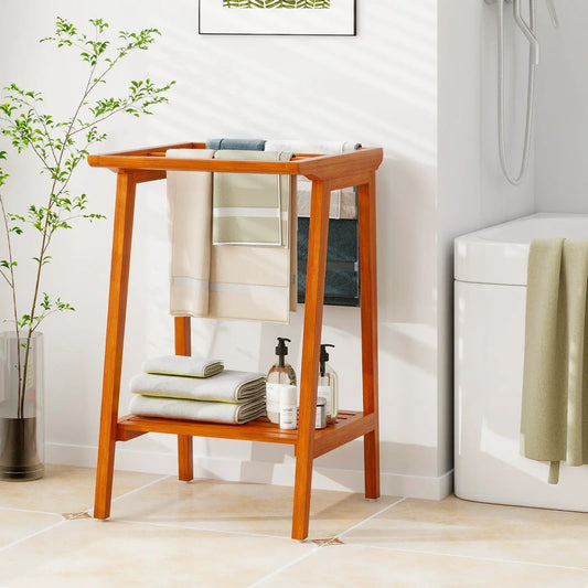 Freestanding towel rack with storage shelf in teak finish; holds towels and bath bottles on Tampa Home & Garden Store