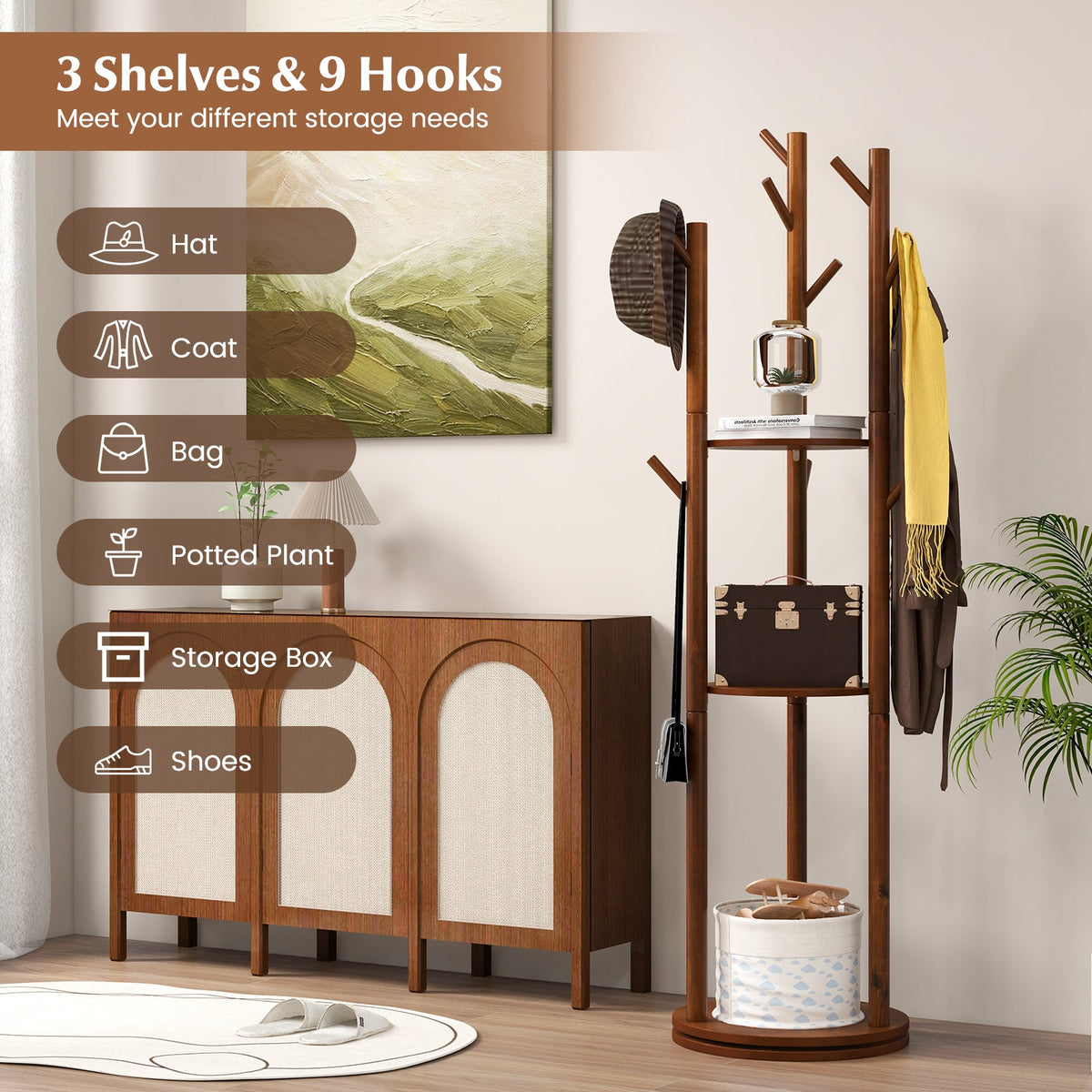 Freestanding wooden coat tree with 9 hooks and 3 display shelves in warm brown finish on Tampa Home & Garden Store