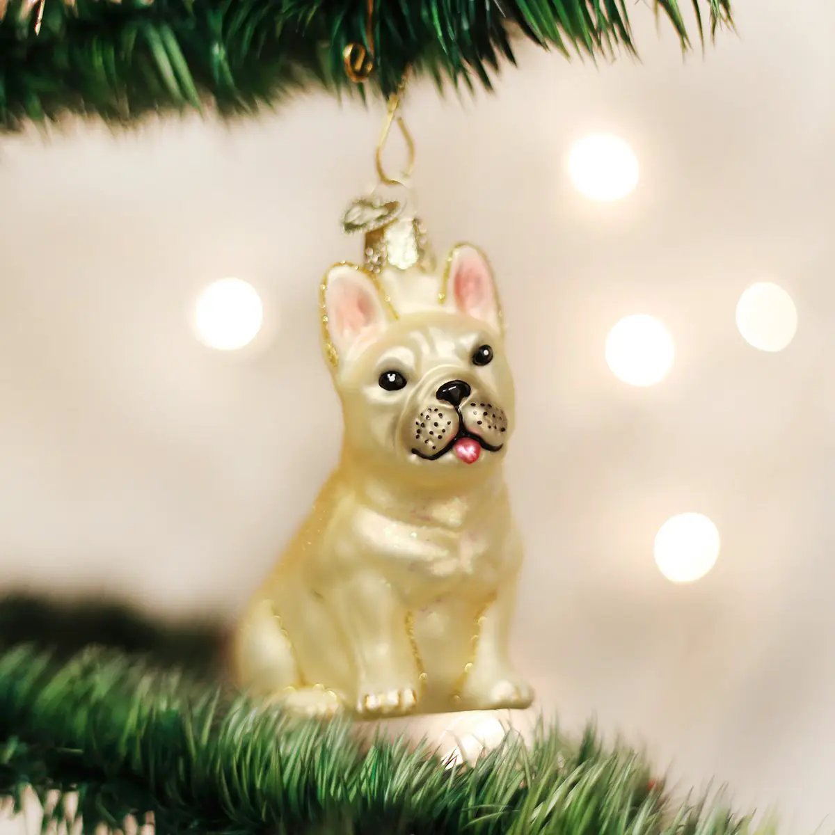 French Bulldog glass blown ornament cream finish with pink ears The Country Christmas Loft on Tampa Home & Garden Store