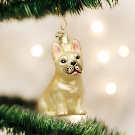 French Bulldog glass blown ornament cream finish with pink ears The Country Christmas Loft on Tampa Home & Garden Store