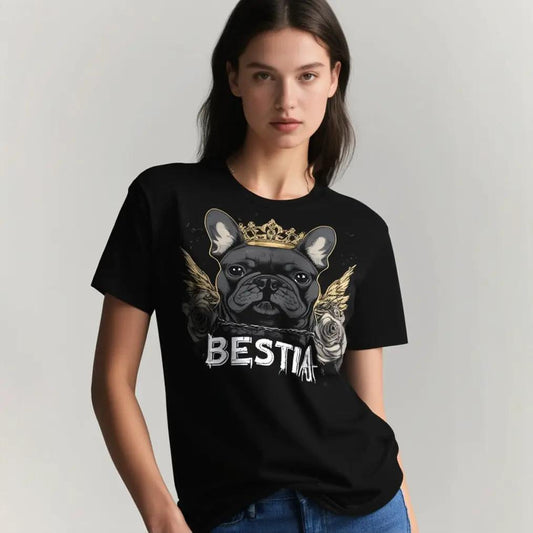 T-Shirt black cotton tee with crowned French Bulldog graphic, gold crown, Bestia branding on Tampa Home & Garden Store