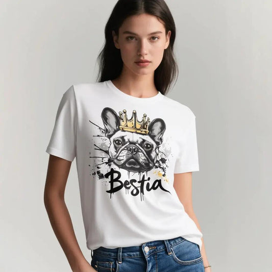 White T-shirt featuring Bestia French Bulldog graphic with crown and splash ink accents on Tampa Home & Garden Store