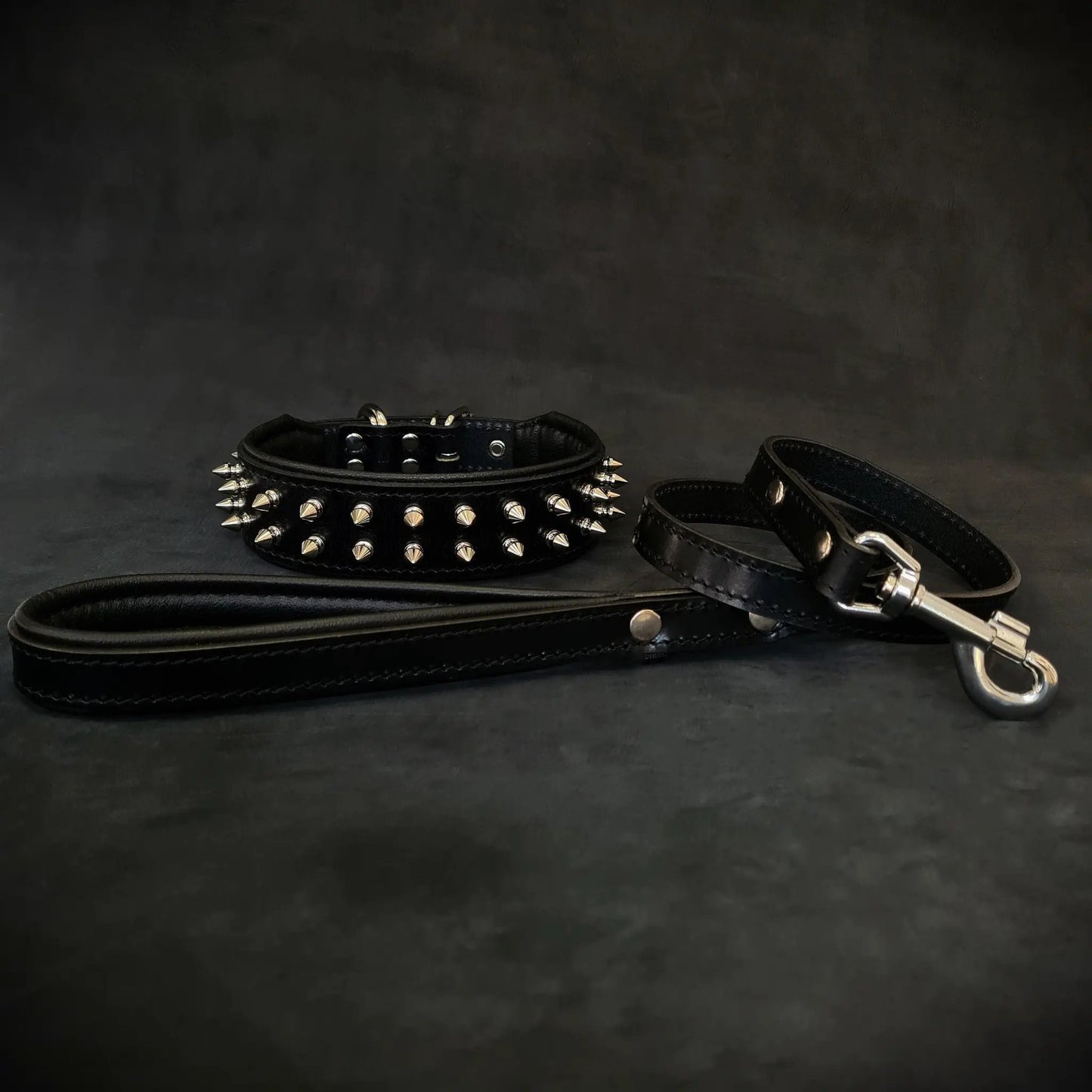 Frenchie collar and leash set in black leather with metal spikes on Tampa Home & Garden Store