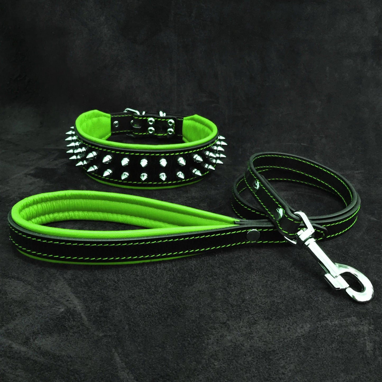 Frenchie Collar & Leash Set Green with spikes Bestia Dog Gear 2pc on Tampa Home & Garden Store