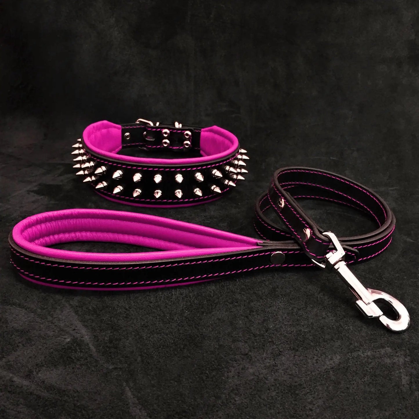 Frenchie Collar & Leash Set in Pink by Bestia Dog Gear, studded black collar with pink interior on Tampa Home & Garden Store