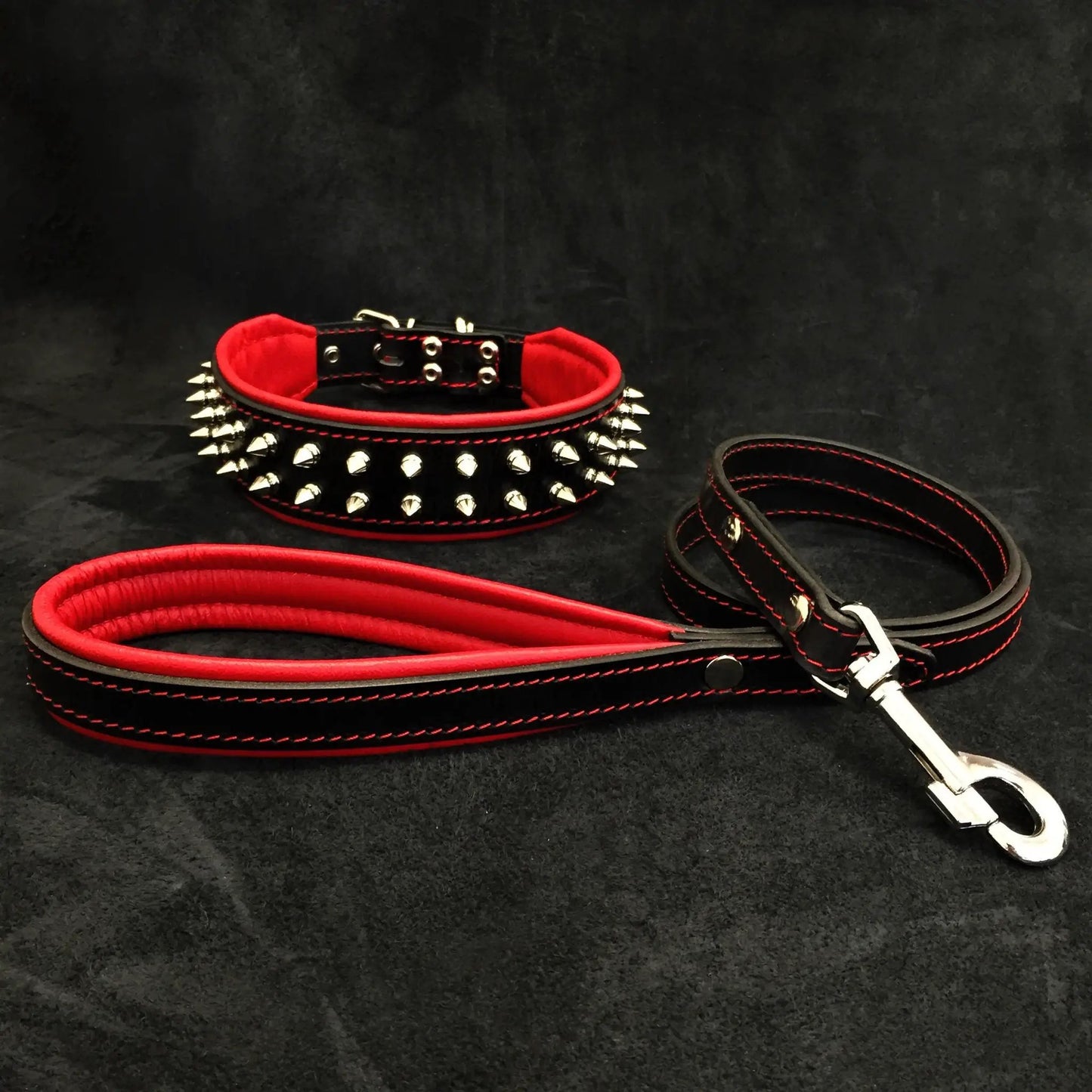 Bestia Dog Gear Frenchie collar and leash set in red with spikes, 2-piece on Tampa Home & Garden Store
