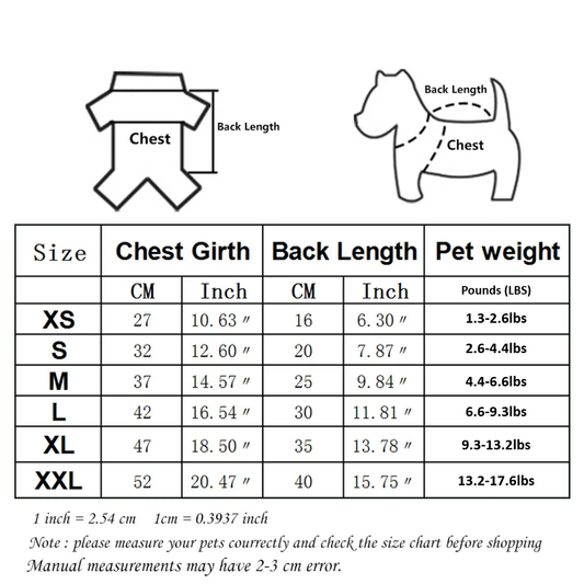 Woof Dog Hoodie dog apparel size chart with chest girth and back length on Tampa Home & Garden Store