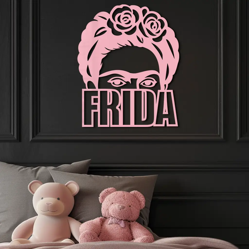 Frida Kahlo pink metal wall art portrait by Enova Art; girl power wall art with two pink bears on Tampa Home & Garden Store