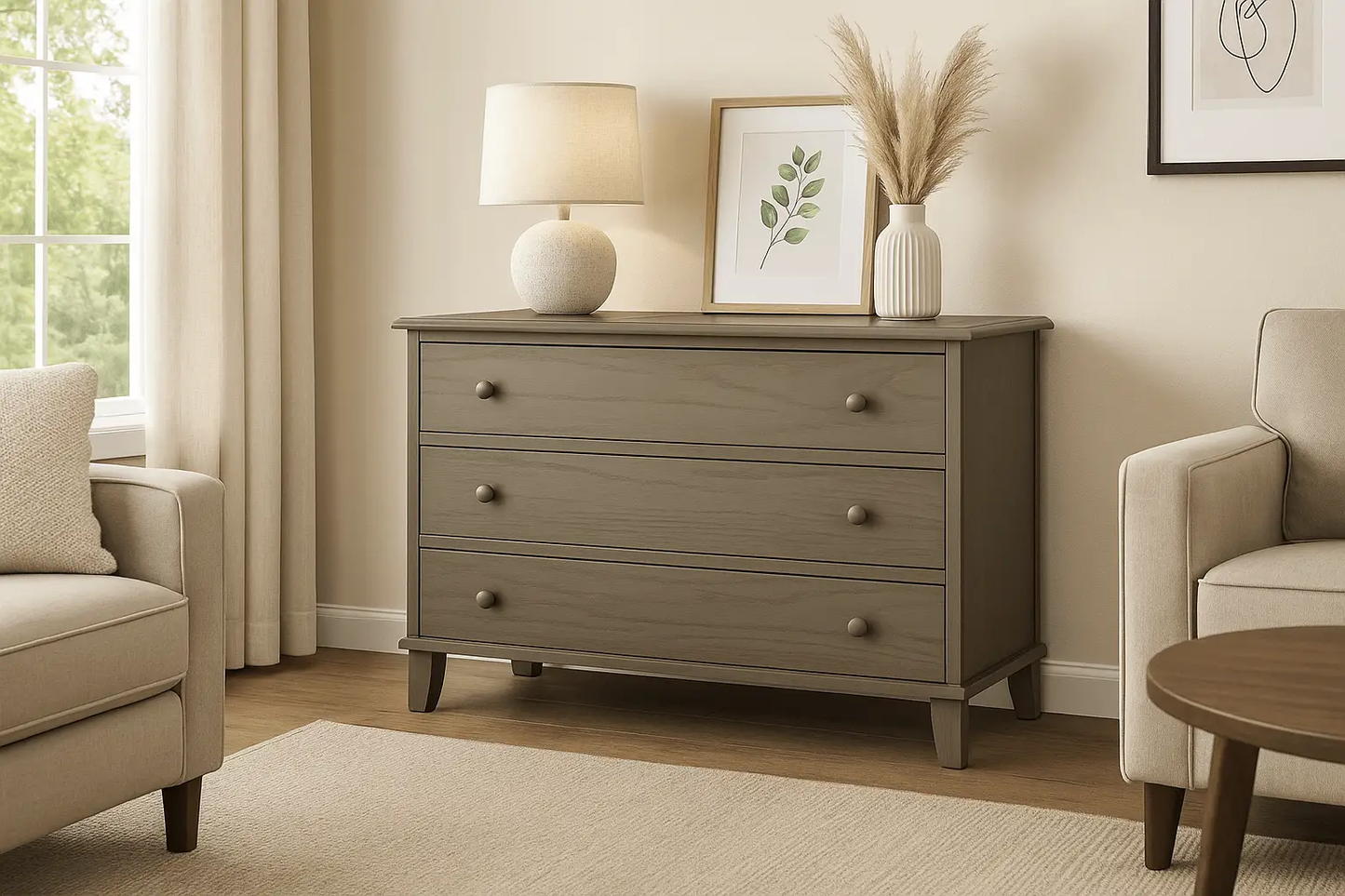 Frier Chest three-drawer dresser in taupe wood finish with round knobs on Tampa Home & Garden Store