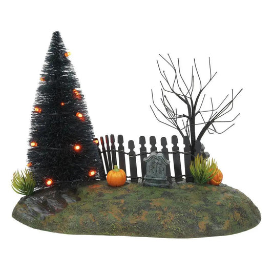 Fright Night Lighted Base Vignette Graveyard with lit tree, tombstone and fence and pumpkins on Tampa Home & Garden Store