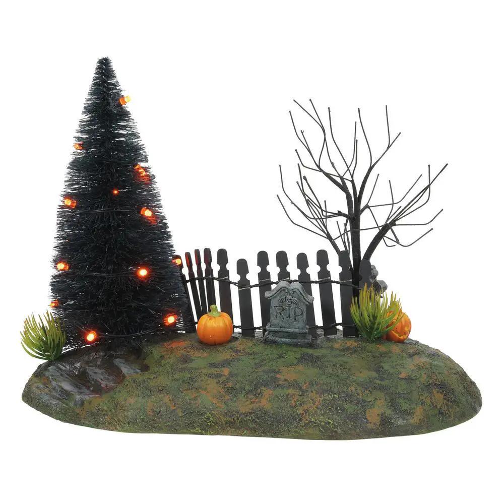 Fright Night Lighted Base Vignette Graveyard Halloween village with lit pumpkins on rocky base on Tampa Home & Garden Store