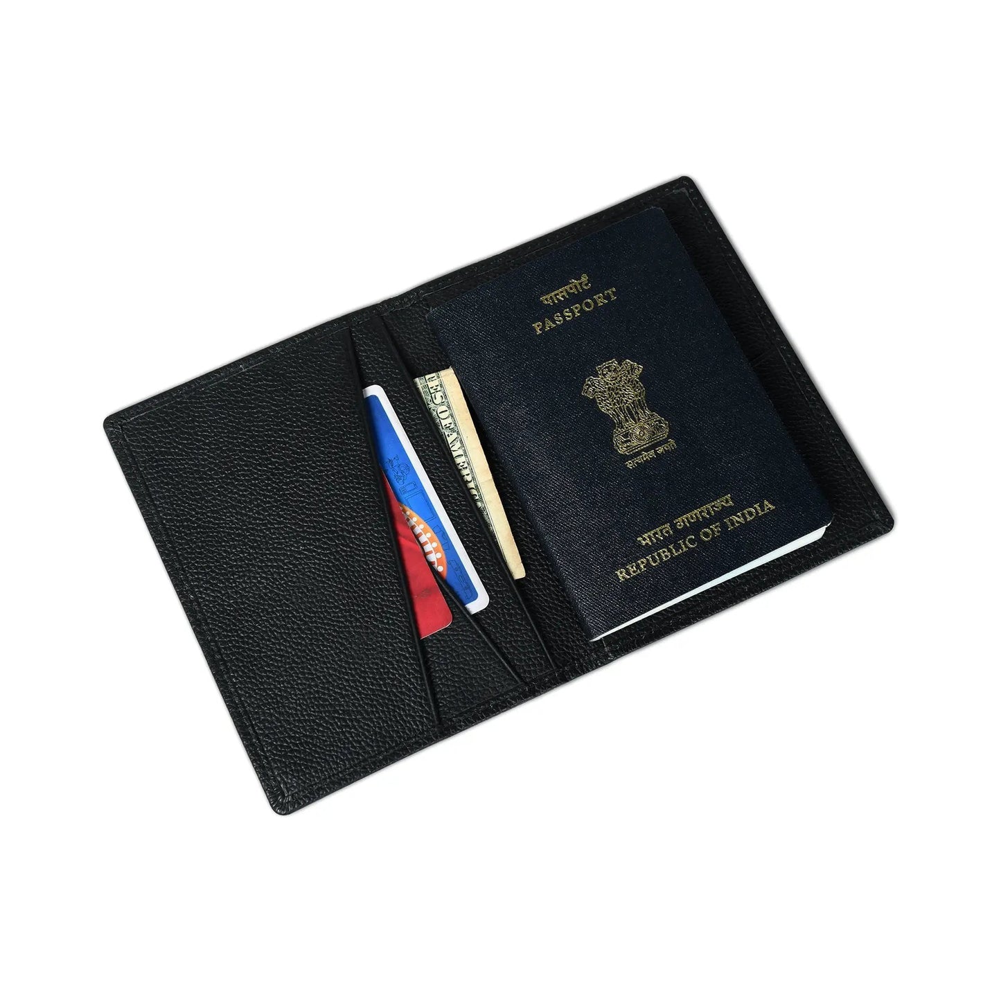 Front Pocket Black Passport Holder with card slots in a slim travel wallet on Tampa Home & Garden Store