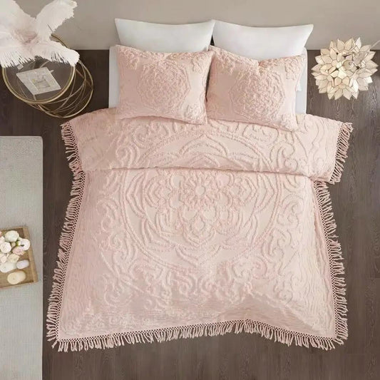 Full/Queen cotton chenille bedspread with fringe in blush pink featuring a damask pattern on Tampa Home & Garden Store