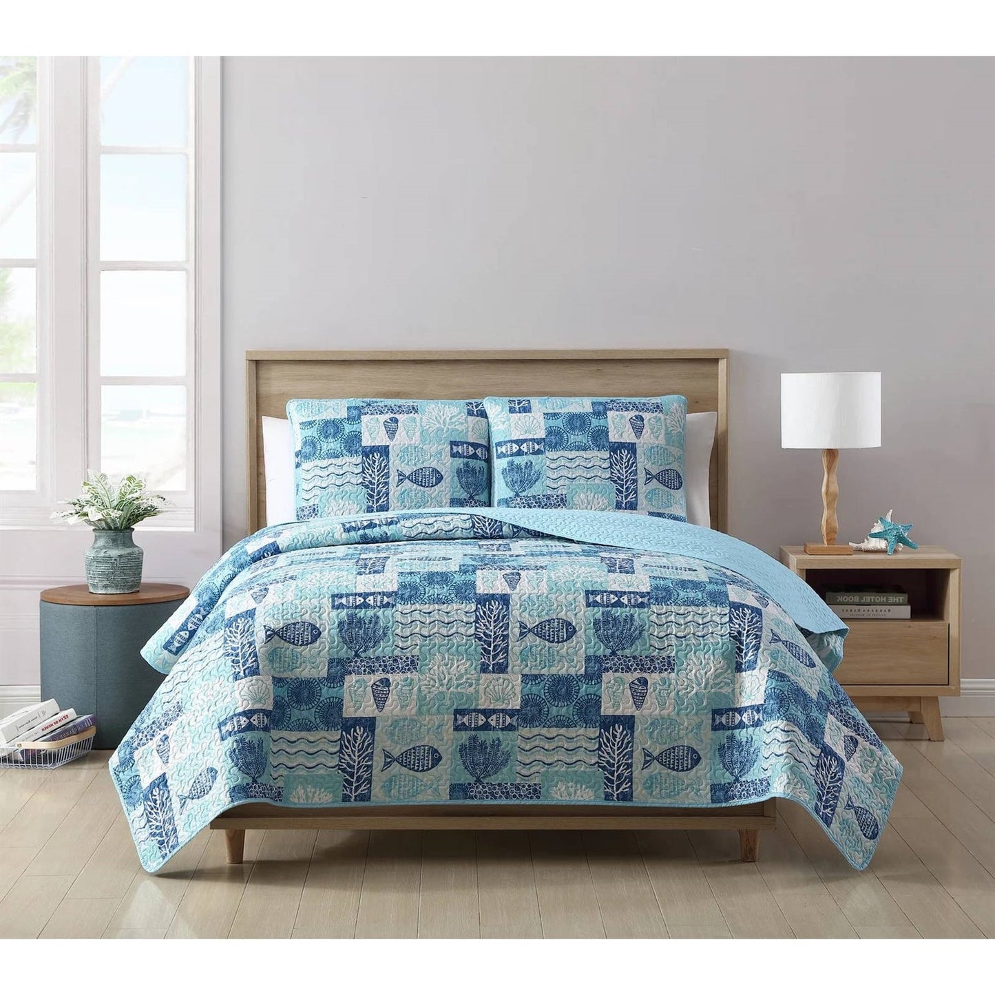 Full/Queen Aqua Blue Cream Beach Sea Shells Coral Fish Coastal 3-Piece Quilt Set - Tampa Home & Garden Store
