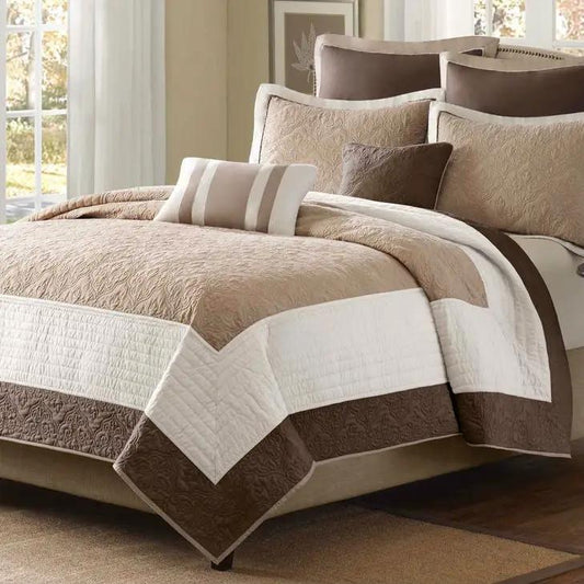 Full / Queen Brown Ivory Tan Cream 7 Piece Quilt Coverlet Bedspread Set - Tampa Home & Garden Store
