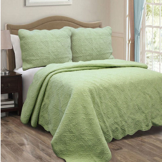 Full Queen Green Cotton Quilt Bedspread with Scalloped Borders - Tampa Home & Garden Store