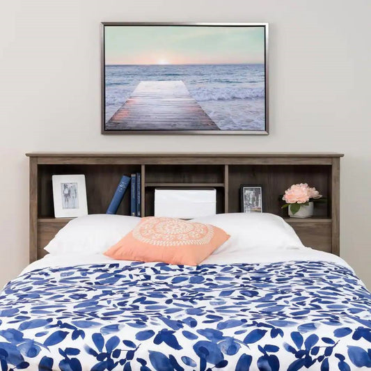 Full / Queen size Freestanding Bookcase Headboard in Grey Brown Wood Finish - Tampa Home & Garden Store