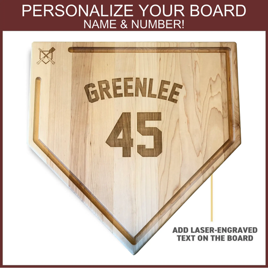 Home plate cutting board in natural wood with custom engraving by Baseball BBQ on Tampa Home & Garden Store