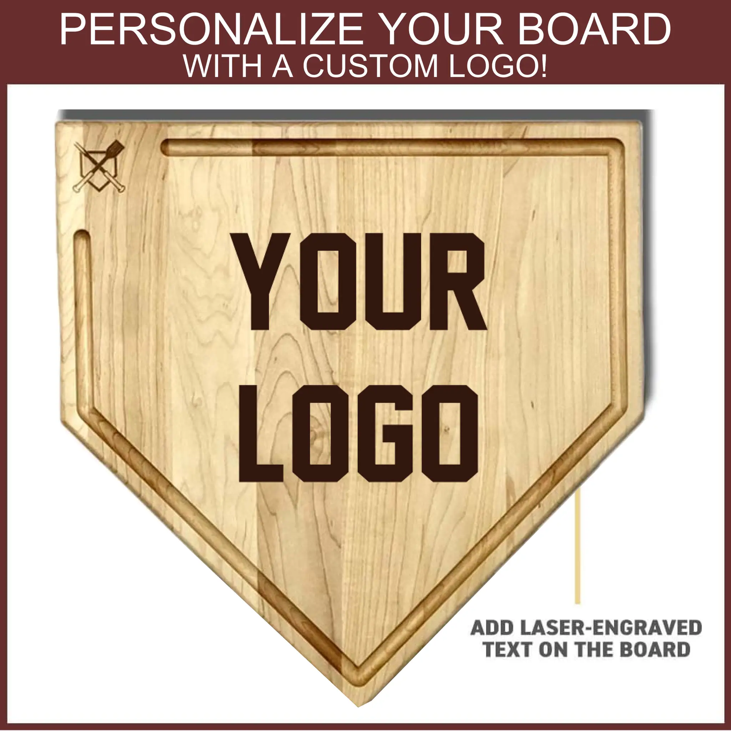 Home Plate Cutting Board with Custom Engraving natural wood 17x17 in Baseball BBQ brand on Tampa Home & Garden Store