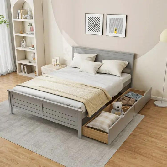 Full-size grey platform bed frame with two storage drawers in coastal modern style by HomePacific on Tampa Home & Garden Store