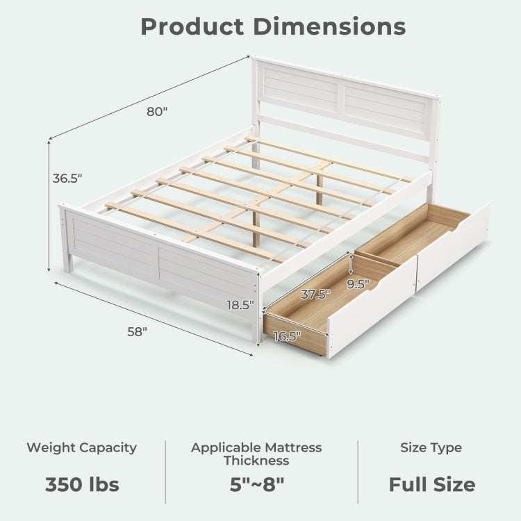 Full size white platform bed frame with 2 storage drawers, white exterior with wood interior on Tampa Home & Garden Store