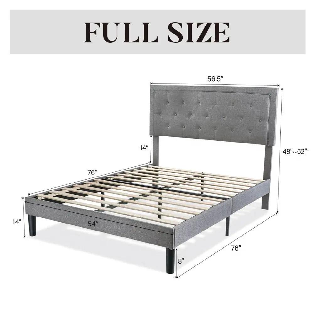 Full size grey linen upholstered bed frame with button-tufted headboard and slat platform base on Tampa Home & Garden Store