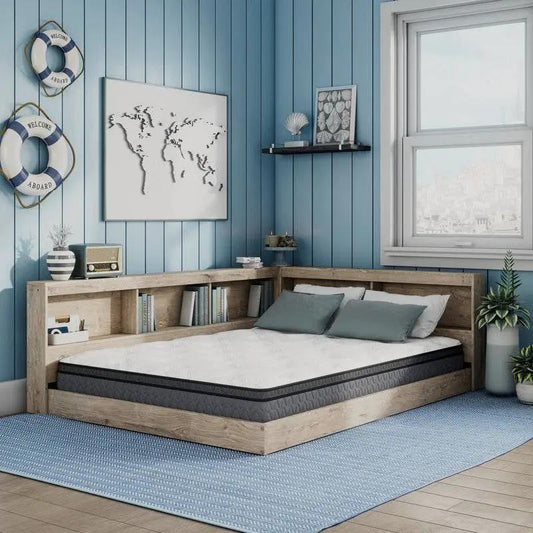 Full-size wood corner storage bed by HomePacific with USB ports and headboard shelves on Tampa Home & Garden Store