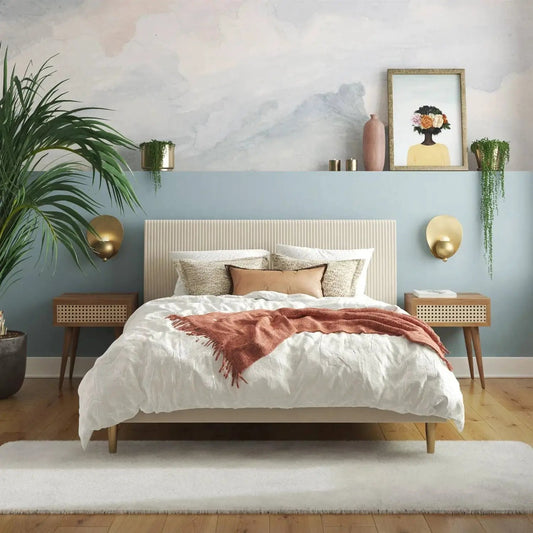 Full-size off-white upholstered bed headboard with vertical channel tufting by HomePacific on Tampa Home & Garden Store