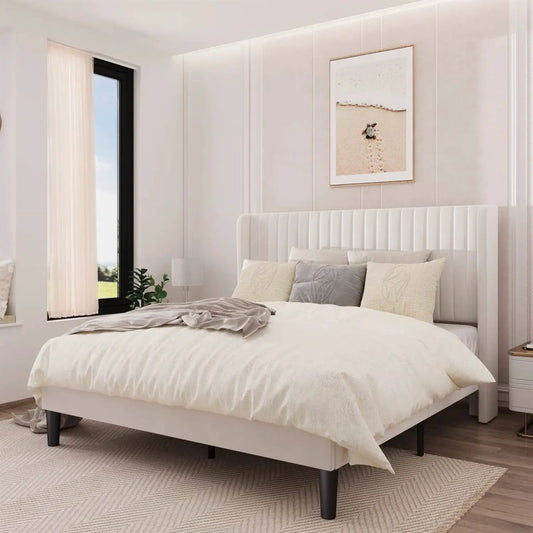 White velvet platform bed frame with tall upholstered headboard and black legs by HomePacific on Tampa Home & Garden Store