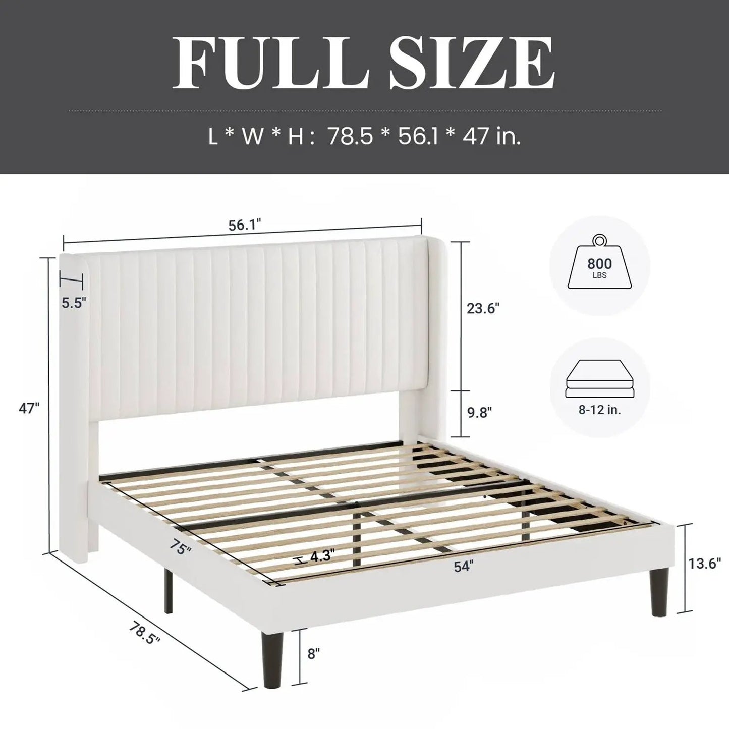 Full-size white velvet upholstered platform bed frame with tall tufted headboard on Tampa Home & Garden Store