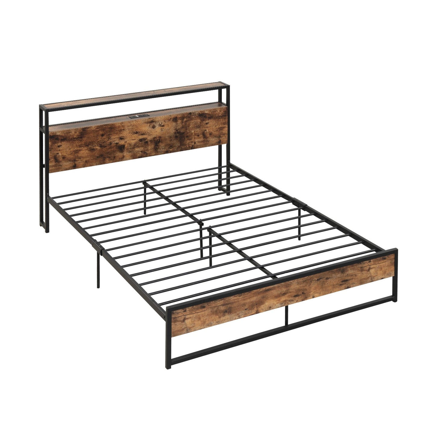 Base de cama Full/Queen con cabecero de almacenamiento de 2 niveles y estación de carga-Tamaño matrimonial