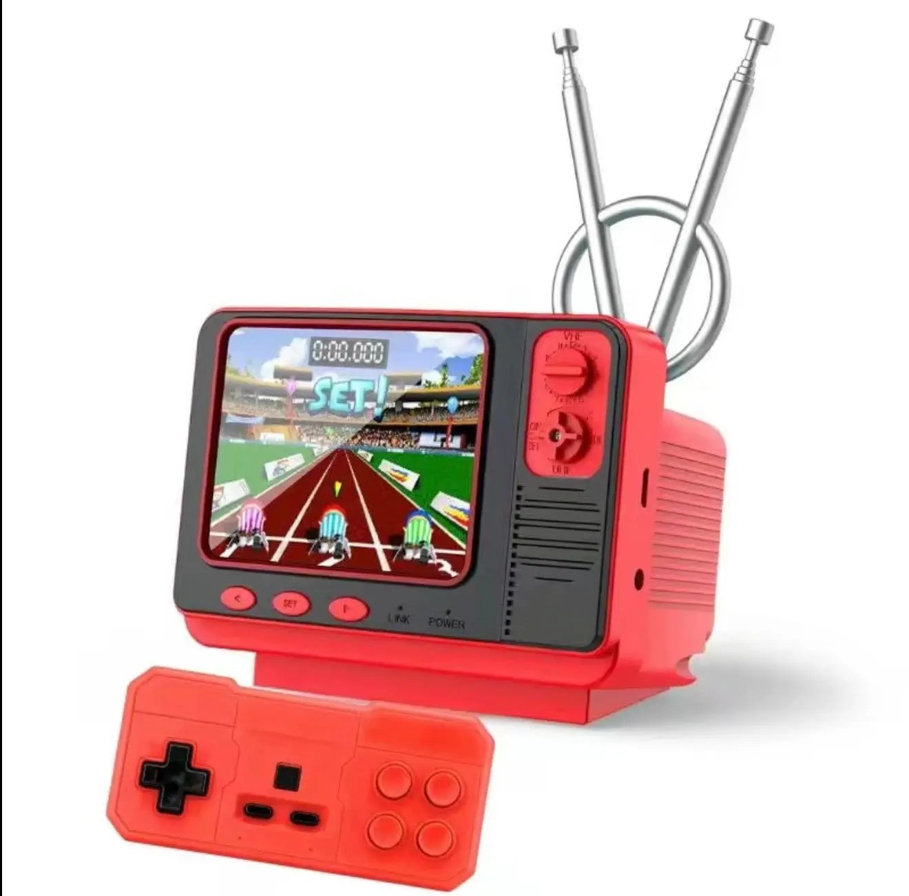 Red mini retro TV game console with dual antennas and a red controller, 308 built-in games on Tampa Home & Garden Store