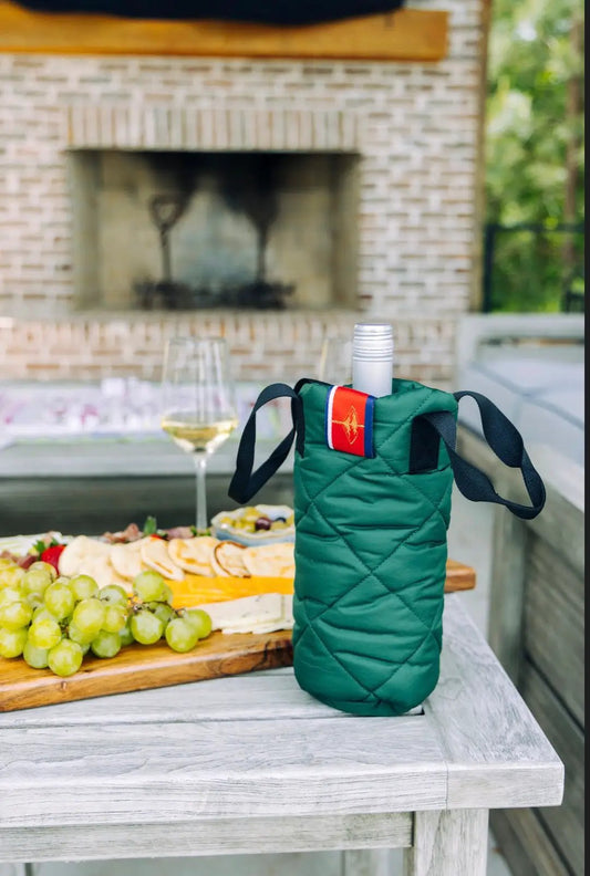 Green quilted Puffer Wine Tote with waterproof design and black straps bottle inside on Tampa Home & Garden Store