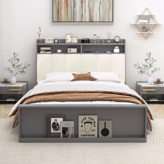 Full size bed frame with storage and headboard in gray platform bed with built-in shelves on Tampa Home & Garden Store