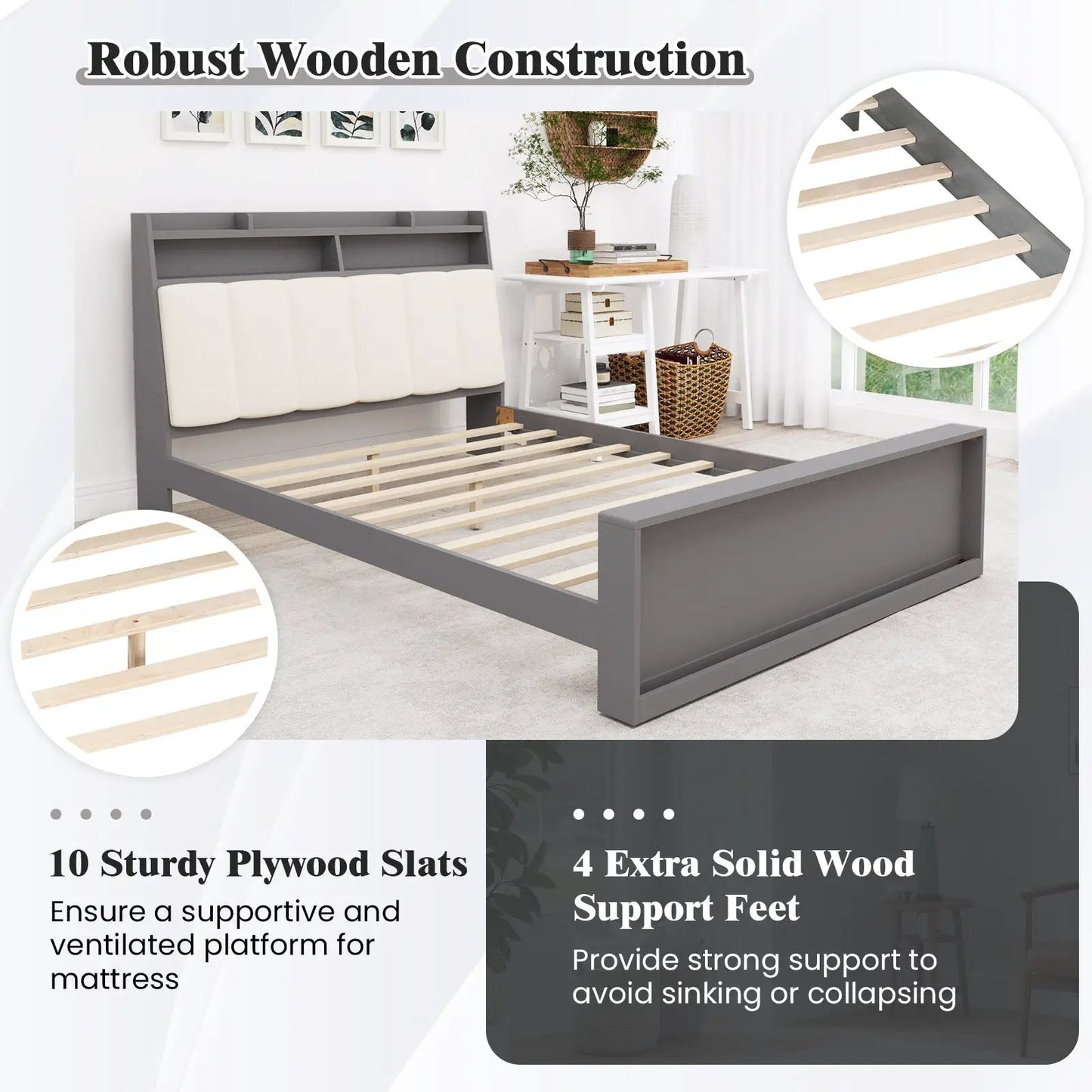 Full Size Bed Frame with Storage Modern Platform Bed with Headboard-Full Size - Tampa Home & Garden Store