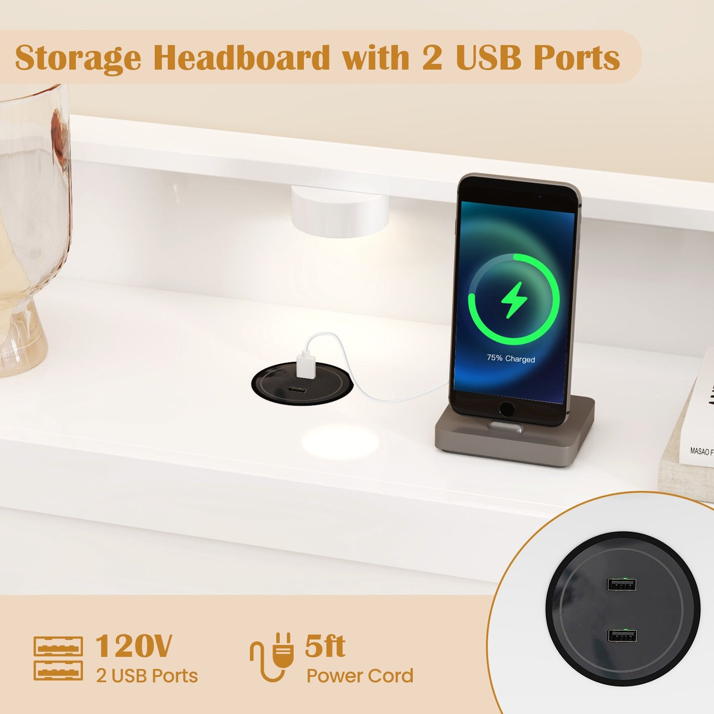Estructura de cama matrimonial con 2 puertos USB, cabecero con almacenaje y luces - Matrimonial