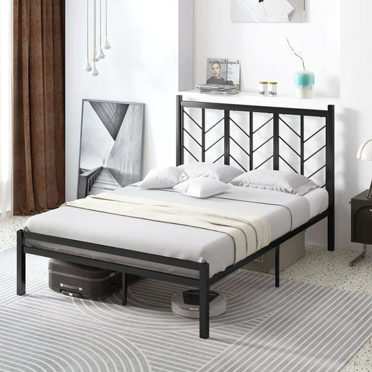 Queen size platform bed with black metal headboard and frame on Tampa Home & Garden Store