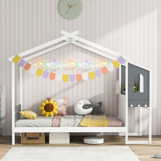 Twin/Full Bed Frame with House Roof Canopy and Fence for Kids - Tampa Home & Garden Store
