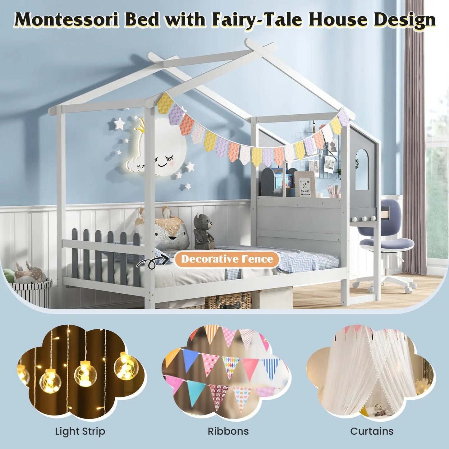 White twin/full bed frame with roof canopy and decorative fence for kids by DirectDeals on Tampa Home & Garden Store